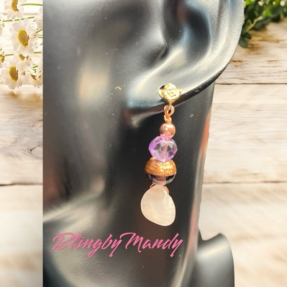 💋🎀genuine Rose quartz and murano glass earrings with roses -NWT - Picture 6 of 6